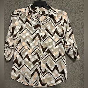Chico's Abstract Circle and Square Blouse in Brown and Cream